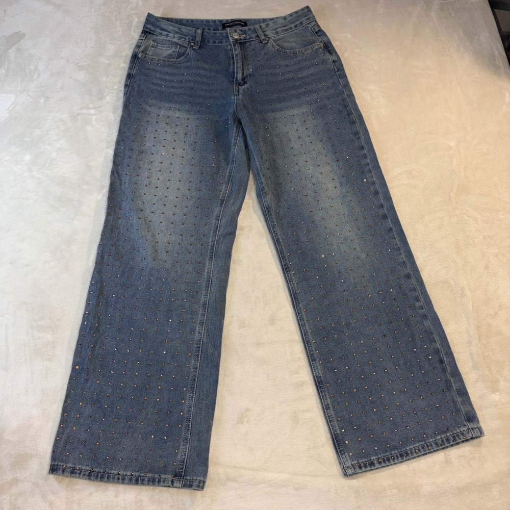 Ashley Mason‎ Premium Rhinestone Wide Leg Jeans Medium Wash Blue Womens Sz 11/30